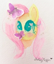 Size: 900x1058 | Tagged: safe, artist:artsymuffin, fluttershy, butterfly, g4, female, portrait, simple background, solo, traditional art, watercolor painting