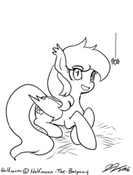 Size: 1000x1309 | Tagged: safe, artist:johnjoseco, oc, oc only, oc:halfmoon, bat pony, pony, spider, grayscale, monochrome, solo