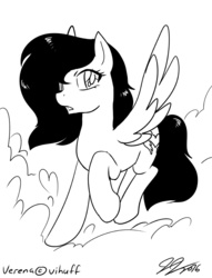 Size: 1000x1309 | Tagged: safe, artist:johnjoseco, oc, oc only, oc:verena, pegasus, pony, black and white, flying, grayscale, monochrome, solo, spread wings, wings