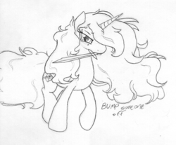 Size: 913x756 | Tagged: safe, artist:midwestbrony, oc, oc only, oc:hemera, alicorn, pony, 4chan, alicorn oc, bump, monochrome, mouth hold, pun, sword, threatening, traditional art, weapon