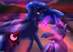 Size: 1250x892 | Tagged: safe, artist:backlash91, princess luna, twilight sparkle, alicorn, pony, g4, blushing, both cutie marks, butt, chest fluff, female, food, lake, lesbian, magic, mare, plot, popsicle, ship:twiluna, shipping, story included, sunglasses, sunset, telekinesis, twibutt, twilight (astronomy), twilight sparkle (alicorn)