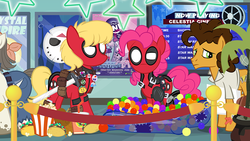 Size: 900x506 | Tagged: safe, artist:pixelkitties, cheese sandwich, ms. harshwhinny, pinkie pie, equestria girls, g4, ball pit, cinema, clothes, cosplay, costume, dashcon, deadpool, marvel, pinkiepool, poster
