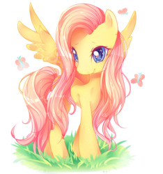 Size: 900x960 | Tagged: safe, artist:yoclesh, fluttershy, butterfly, g4, female, grass, simple background, solo, spread wings, standing, transparent background, turned head