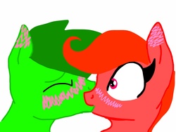 Size: 2048x1536 | Tagged: safe, artist:rihanna bell pepper, oc, oc only, oc:green jelly, oc:rihanna bell pepper, embarrassed, female, kissing, male, oc x oc, shipping, straight, trace