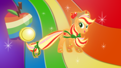 Size: 11383x6400 | Tagged: safe, artist:rainbownspeedash, applejack, g4, absurd resolution, apple, cowboy hat, female, food, hat, multicolored hair, rainbow background, rainbow hair, rainbow power, rainbow power-ified, rainbow tail, solo, vector, zap apple