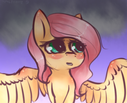 Size: 1124x919 | Tagged: safe, artist:charmilious, fluttershy, g4, bust, female, looking away, open mouth, overcast, solo, spread wings