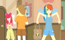 Size: 1685x1045 | Tagged: safe, artist:kyriena, apple bloom, applejack, rainbow dash, human, g4, armpits, female, humanized, lesbian, ship:appledash, shipping, winged humanization