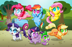 Size: 1280x828 | Tagged: safe, artist:aleximusprime, applejack, fluttershy, pinkie pie, rainbow dash, rarity, spike, twilight sparkle, alicorn, dragon, earth pony, pegasus, pony, unicorn, g4, baby, baby dragon, butt, chibi, confetti, cute, cutie mark, dashabetes, diapinkes, female, jackabetes, male, mane seven, mane six, mare, no pupils, party cannon, plot, raribetes, shyabetes, signature, spikabetes, twiabetes, twilight sparkle (alicorn)