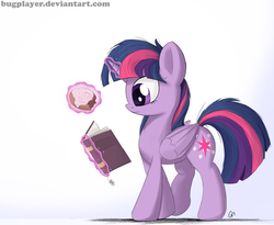 Size: 2800x2300 | Tagged: safe, artist:bugplayer, twilight sparkle, alicorn, pony, g4, book, bread, bugplayer is trying to murder us, cinnamon bun, cute, female, food, high res, magic, mare, solo, twiabetes, twilight sparkle (alicorn)