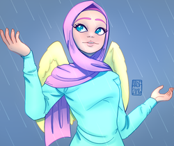 Size: 866x726 | Tagged: safe, artist:alvrexadpot, fluttershy, human, g4, clothes, female, hijab, humanized, islam, islamashy, looking away, looking up, rain, religion, solo, sweater, sweatershy, winged humanization