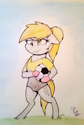 Size: 2120x3137 | Tagged: safe, artist:captainpudgemuffin, derpy hooves, pegasus, pony, semi-anthro, g4, 4chan cup, ball, bipedal, chest fluff, clothes, commission, cute, derpabetes, female, football, high res, jersey, mittens, nose wrinkle, ponytail, safest hooves, solo