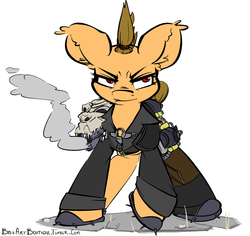 Size: 1280x1208 | Tagged: safe, artist:bbsartboutique, oc, oc only, oc:torchlight, fallout equestria, angry, boots, clothes, diablo canyon, fallout, flamethrower, jacket, mohawk, raider, skull, solo, spikes, weapon