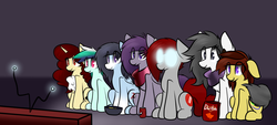 Size: 1280x576 | Tagged: dead source, safe, artist:nom-sympony, oc, oc:cirrus tail, oc:pepci, oc:pepper dust, oc:prench silk, oc:spearmint, earth pony, pegasus, pony, unicorn, chips, doritos, food, glasses, television