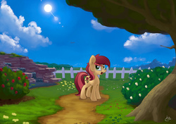 Size: 2480x1748 | Tagged: safe, artist:rindi, roseluck, dragon, earth pony, pony, g4, female, fence, garden, mare, smiling, solo