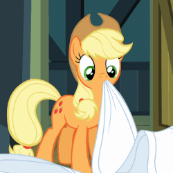 Size: 547x547 | Tagged: safe, screencap, applejack, earth pony, pony, g4, one bad apple, animated, bed, bedsheets, female, mouth hold