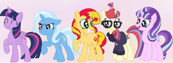 Size: 803x291 | Tagged: safe, artist:squipycheetah, moondancer, starlight glimmer, sunset shimmer, trixie, twilight sparkle, alicorn, pony, unicorn, g4, clothes, counterparts, eyes closed, female, folded wings, glasses, jacket, magical quintet, mare, missing accessory, open mouth, raised hoof, smiling, sweater, twilight sparkle (alicorn), twilight's counterparts