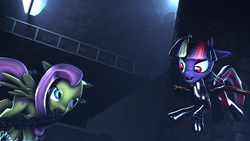 Size: 1920x1080 | Tagged: safe, artist:star-lightstarbright, fluttershy, twilight sparkle, bat pony, pony, g4, 3d, castlevania, chains, crossover, glowing eyes, race swap, rainbow ponies, source filmmaker