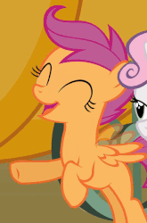Size: 444x674 | Tagged: safe, screencap, scootaloo, sweetie belle, pegasus, pony, unicorn, g4, one bad apple, ^^, animated, animation error, blank flank, cute, cutealoo, excited, eyes closed, female, filly, flapping, flapping wings, foal, gif, hoofy-kicks, horn, rearing, spread wings, wings