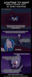Size: 850x2020 | Tagged: safe, artist:terminuslucis, dj pon-3, vinyl scratch, oc, oc:lucid, pony, undead, unicorn, vampire, vampony, comic:adapting to night, comic:adapting to night: seeker's mistake, g4, alternate hairstyle, bruised, comic, fangs, flashback, red eyes