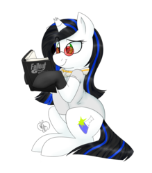 Size: 1400x1600 | Tagged: safe, artist:notenoughapples, oc, oc only, oc:crystal shard, fallout equestria, book, broken horn, clothes, glasses, horn, lab coat, solo
