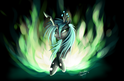 Size: 5065x3325 | Tagged: dead source, safe, artist:strachattack, queen chrysalis, changeling, changeling queen, g4, crown, female, green fire, jewelry, regalia, solo