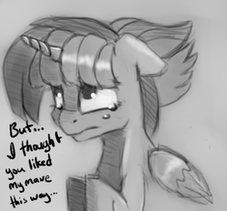 Size: 377x350 | Tagged: safe, artist:post-it, twilight sparkle, alicorn, pony, g4, alternate hairstyle, colored sketch, crying, female, mare, monochrome, punklight sparkle, redraw, sketch, solo, twilight sparkle (alicorn)