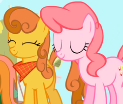 Size: 700x596 | Tagged: safe, screencap, ginger gold, pacific rose, pink lady, earth pony, pony, friendship is magic, g4, season 1, apple family member, background pony, cropped, duo, duo focus, eyes closed, female, mare, neckerchief, smiling