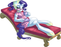 Size: 1587x1238 | Tagged: safe, artist:kittehkatbar, rarity, unicorn, anthro, unguligrade anthro, g4, camping outfit, clothes, couch, female, food, glasses, glasses rarity, hooves, raritea, simple background, solo, sunglasses, tea, transparent background