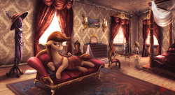 Size: 2427x1320 | Tagged: safe, artist:alumx, oc, oc only, oc:amber fawn, earth pony, pony, bed, commission, couch, curtains, detailed, draw me like one of your french girls, lounge, painting, realistic, scenery, solo