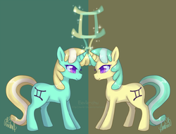 Size: 1224x930 | Tagged: safe, artist:ambunny, gemini (g4), pony, unicorn, g4, duo, duo female, female, gemini, mare, ponyscopes, twins, zodiac