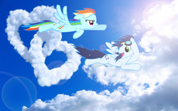 Size: 2000x1250 | Tagged: safe, artist:ponyfiedart, rainbow dash, soarin', pony, g4, cloud, female, goggles, heart, male, race, ship:soarindash, shipping, smiling, straight