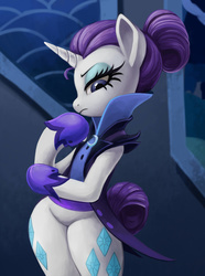 Size: 930x1250 | Tagged: safe, artist:sunbusting, rarity, unicorn, semi-anthro, g4, the cutie re-mark, alternate timeline, both cutie marks, clothes, eyeshadow, female, judging, looking down, makeup, mare, mascara, night maid rarity, nightmare takeover timeline, solo, suit