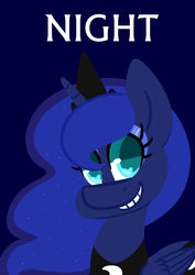 Size: 3507x4960 | Tagged: safe, artist:pinipy, princess luna, g4, female, grin, heart eyes, looking at you, night, one word, poster, smiling, solo, wingding eyes