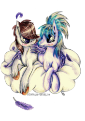 Size: 2456x3484 | Tagged: safe, artist:julunis14, cloudchaser, oc, oc:luxor, earth pony, pegasus, pony, g4, blushing, canon x oc, cloud, feather, high res, hug, shipping, traditional art, winghug