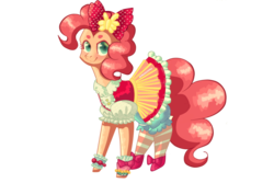 Size: 1024x683 | Tagged: safe, artist:annaiszoom, pinkie pie, earth pony, pony, g4, bloomers, clothes, cute, diapinkes, dress, female, hair bow, looking at you, mare, puffy sleeves, smiling, smiling at you, socks, solo, striped socks
