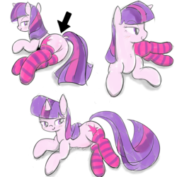Size: 3000x3000 | Tagged: safe, artist:fromamida, twilight sparkle, pony, unicorn, g4, butt, clothes, dock, featureless crotch, female, high res, looking back, mare, plot, simple background, smiling, socks, solo, striped socks, twibutt, white background