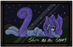 Size: 996x640 | Tagged: safe, artist:lockheart, oc, oc only, oc:star, flockmod, frame, grass, looking up, low res image, night, on back, photo, solo, stargazing, starry mane, stars, text