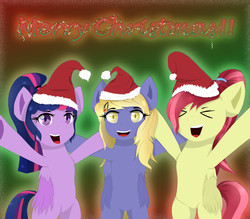 Size: 1024x896 | Tagged: safe, artist:nihithebrony, oc, oc only, oc:cherry, oc:myrtle, oc:summer, pegasus, pony, christmas, hat, holiday, merry christmas, not twilight sparkle, santa hat, trio, tulpa