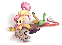 Size: 1229x901 | Tagged: safe, artist:c-puff, discord, fluttershy, draconequus, pegasus, pony, g4, cute, discute, female, male, mare, on back, ship:discoshy, shipping, shyabetes, silly, simple background, straight, tongue out, white background