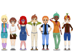 Size: 1668x1260 | Tagged: safe, artist:kathara_khan, button mash, dinky hooves, featherweight, pipsqueak, snails, snips, twist, human, g4, candy, clothes, converse, dark skin, food, glasses, humanized, kisekae, lollipop, shoes, shorts, simple background, skirt, socks, striped socks, white background