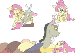Size: 2893x2039 | Tagged: safe, artist:spiderbot1, discord, fluttershy, draconequus, g4, draconequified, female, flutterequus, grey hair, high res, immortality blues, male, older, ship:discoshy, shipping, simple background, species swap, story included, straight, transformation, transparent background