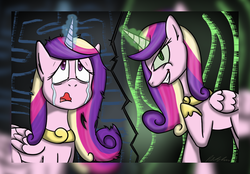 Size: 1188x828 | Tagged: safe, artist:brightsparkdev, princess cadance, queen chrysalis, pony, g4, crying, this day aria