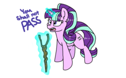 Size: 1600x997 | Tagged: safe, artist:drducksauce, starlight glimmer, pony, unicorn, g4, female, lord of the rings, magic, parody, s5 starlight, simple background, solo, staff, staff of sameness, telekinesis, white background, you shall not pass