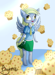 Size: 1024x1410 | Tagged: safe, artist:bayanik, derpy hooves, anthro, g4, clothes, equestria girls outfit, female, food, muffin, solo, that pony sure does love muffins