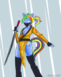 Size: 660x829 | Tagged: safe, artist:dirtyscoundrel, rainbow dash, anthro, g4, cleavage, female, katana, solo, sword, weapon