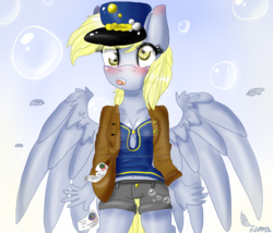 Size: 1024x878 | Tagged: safe, artist:mojmojsanna, derpy hooves, anthro, g4, belly button, blushing, cleavage, clothes, feather, female, hat, jacket, letter, mailmare, midriff, shorts, solo, spread wings, watermark