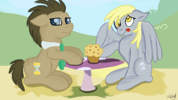 Size: 1280x720 | Tagged: safe, artist:jbond, derpy hooves, doctor whooves, time turner, earth pony, pegasus, pony, g4, bowtie, duo, female, food, male, mare, muffin, sitting, stallion