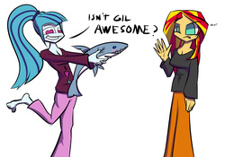 Size: 1426x1000 | Tagged: safe, artist:nowego, sonata dusk, sunset shimmer, shark, equestria girls, g4, barefoot, cleavage, clothes, feet, female, heart eyes, pajamas, plushie, shark plushie, wat, wingding eyes