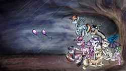 Size: 1920x1080 | Tagged: safe, artist:yuntaoxd, applejack, discord, fluttershy, pinkie pie, rainbow dash, rarity, spike, twilight sparkle, g4, balloon, book, dark, floating, huddle, mane seven, mane six, rain, reading, tree, wind