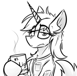 Size: 2826x2802 | Tagged: safe, artist:ralek, oc, oc only, oc:littlepip, pony, unicorn, fallout equestria, bags under eyes, black and white, coffee, coffee mug, dog lip, fanfic, fanfic art, female, food, grayscale, high res, hooves, horn, lidded eyes, looking at you, mare, monochrome, simple background, solo, white background